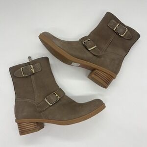 Dansko Delphine Taupe Leather Waterproof Ankle Boots Buckle Moto Size 37 Comfort